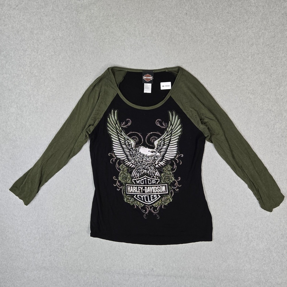 Harley-Davidson Women Shirt L Black Graphic Raglan Rhinestone Y2K Grunge